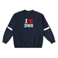 Pull oversize I LOVE DNB bleu marine, sweat drum and bass unisexe, vue de face