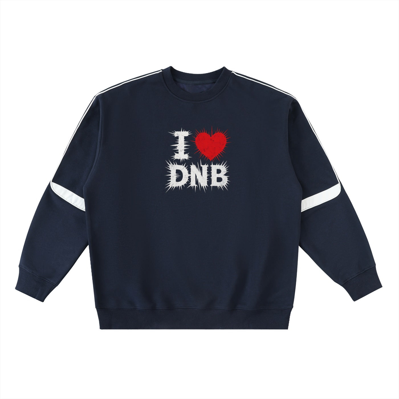 Pull oversize I LOVE DNB bleu marine, sweat drum and bass unisexe, vue de face