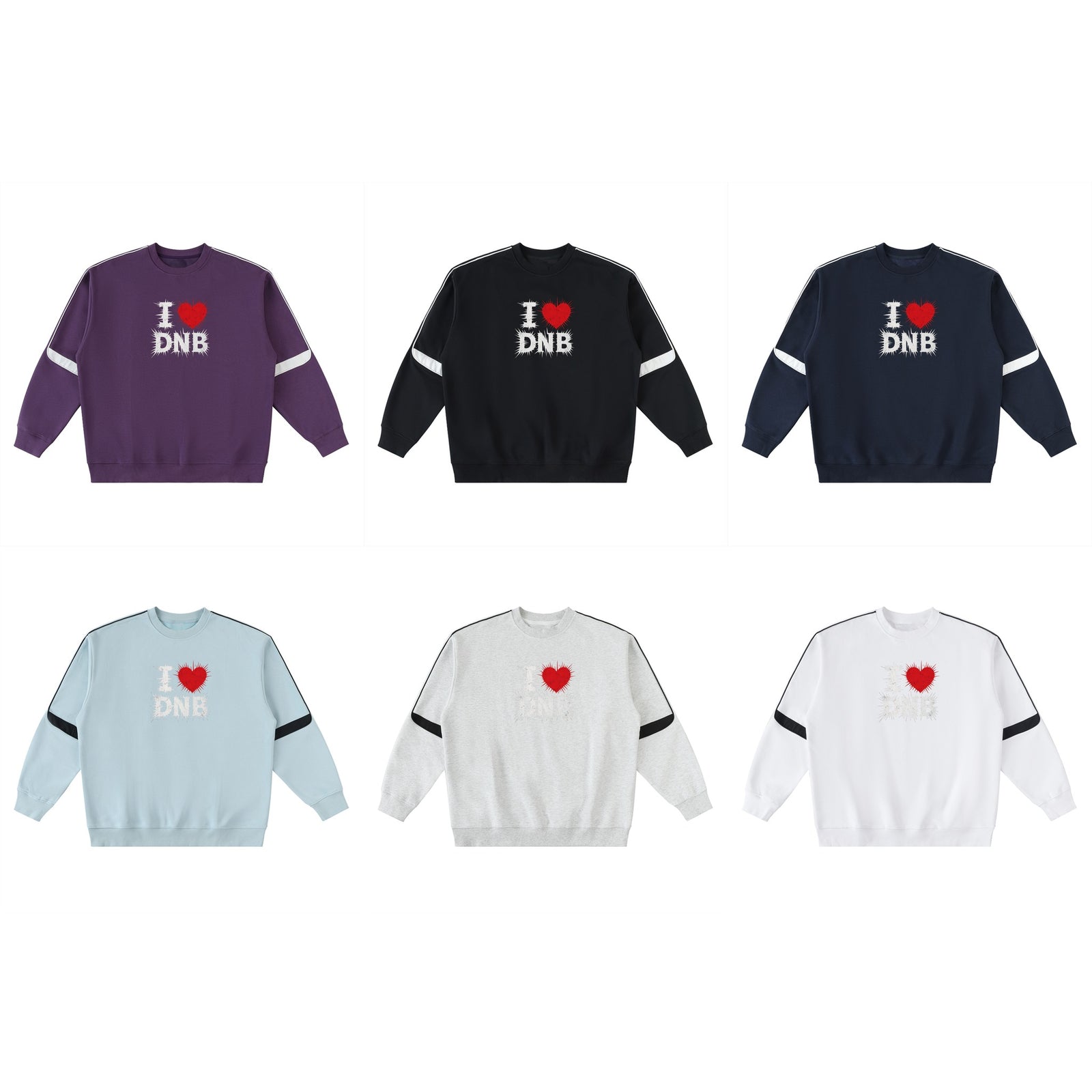 Les 6 coloris du pull oversize drum and bass I LOVE DNB : violet, noir, bleu marine, bleu ciel, gris chiné, blanc