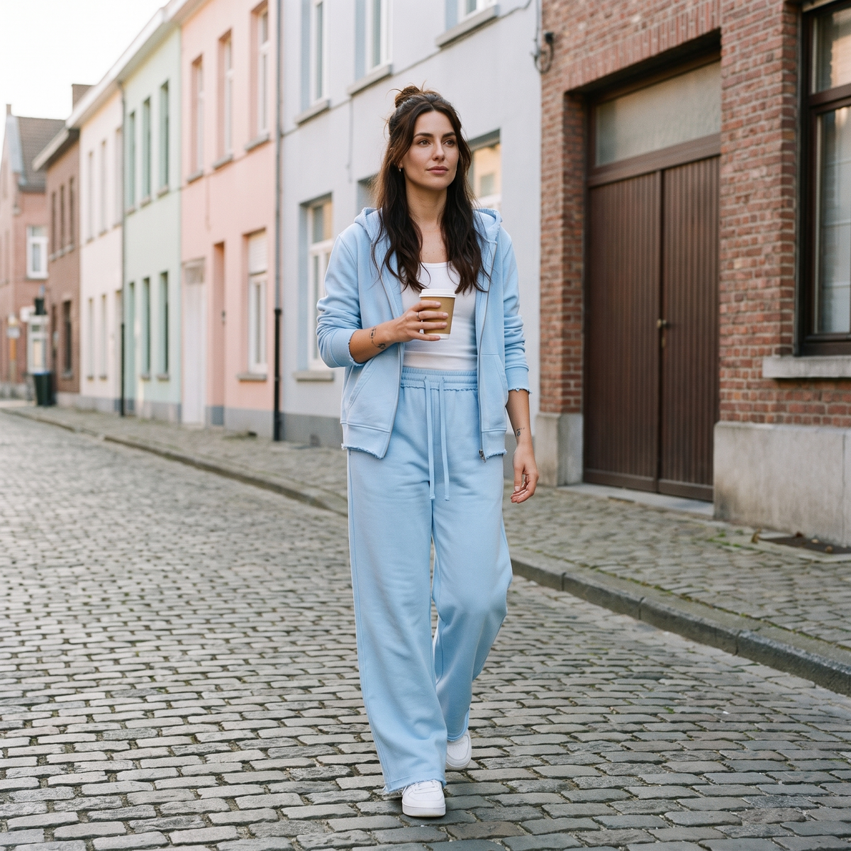 Femme portant le sweat zippé capuche bleu ciel à bord brut avec le jogging assorti