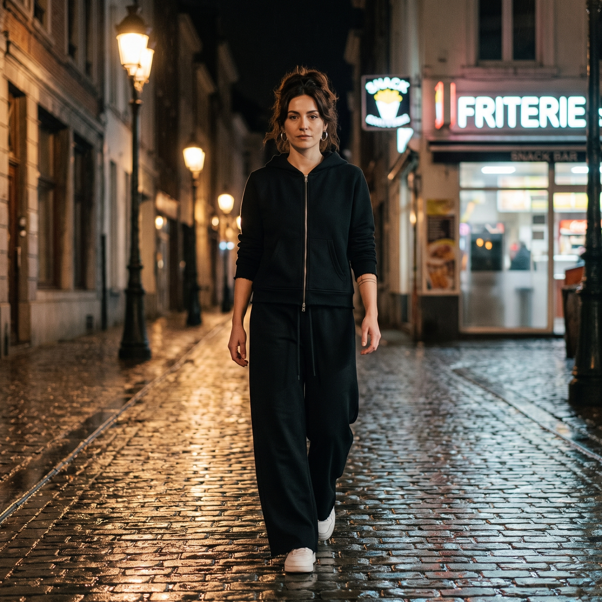 Femme portant le sweat zippé capuche noir à bord brut dans une rue pavée de nuit