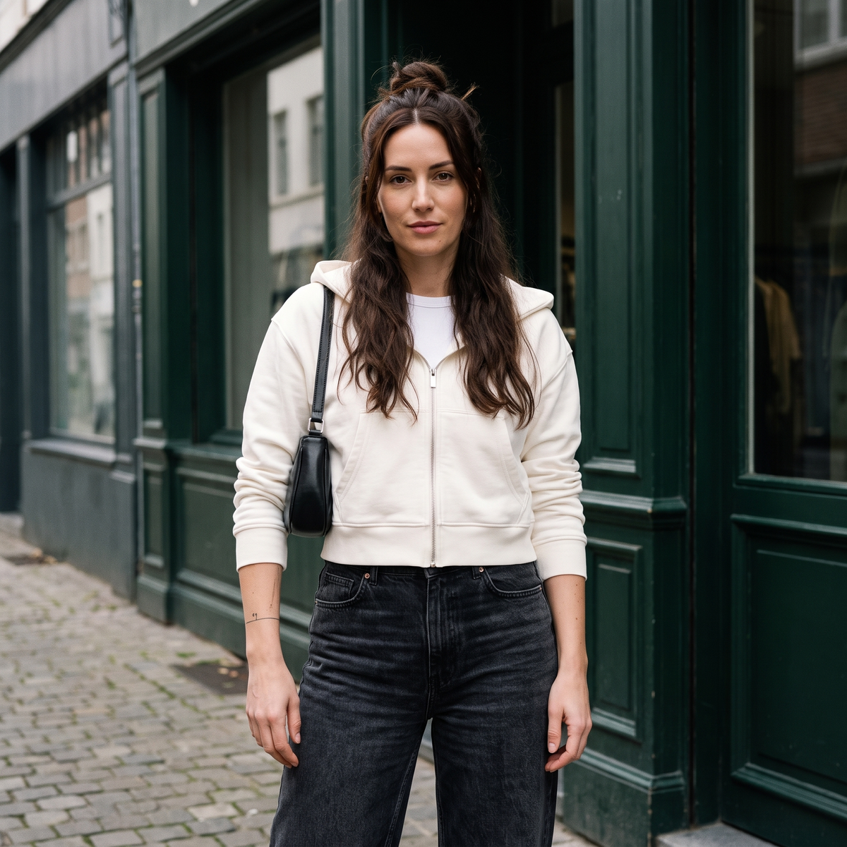 Femme portant le sweat zippé crop top blanc devant une devanture verte dans une rue belge