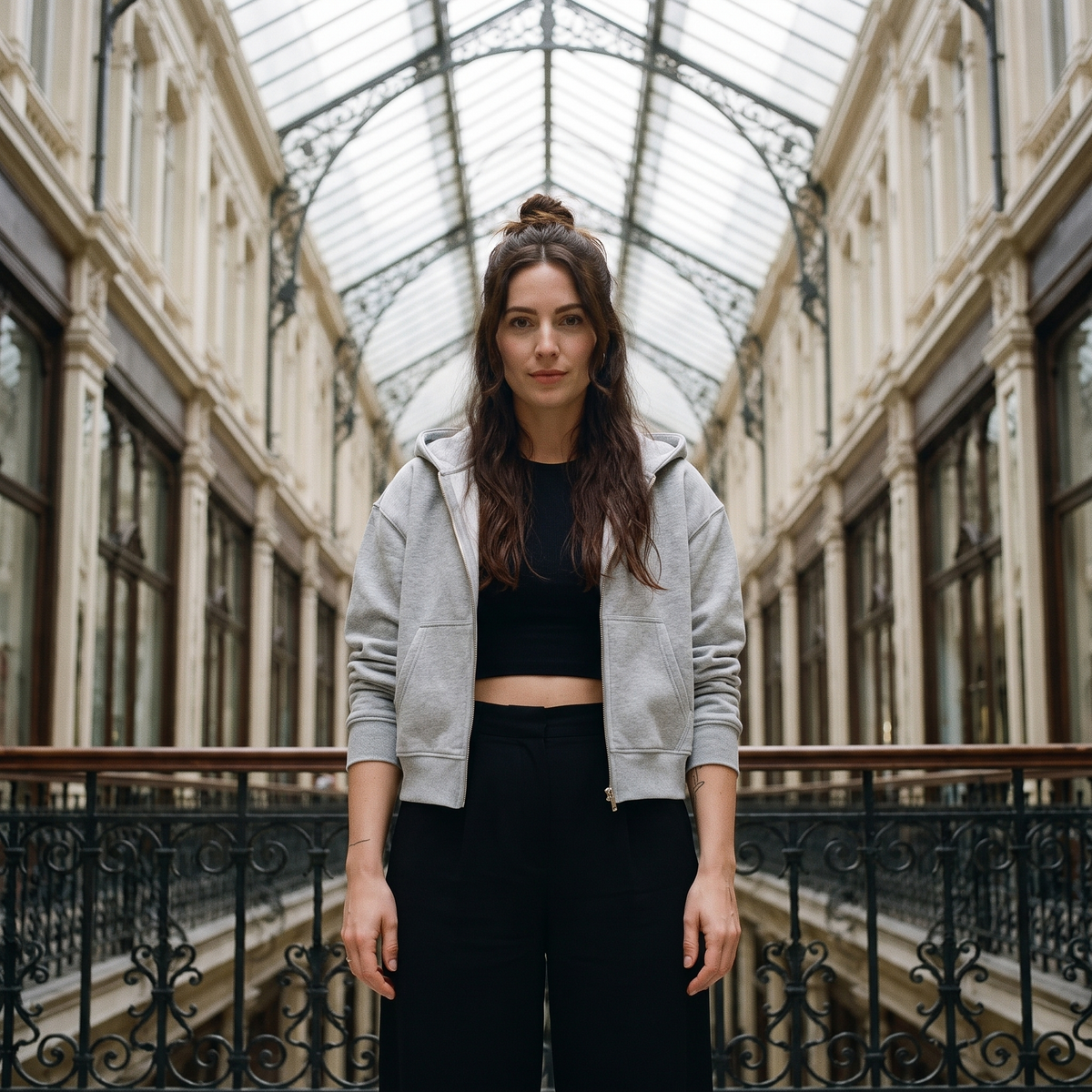 Femme portant le sweat zippé crop top gris chiné ouvert dans une galerie couverte
