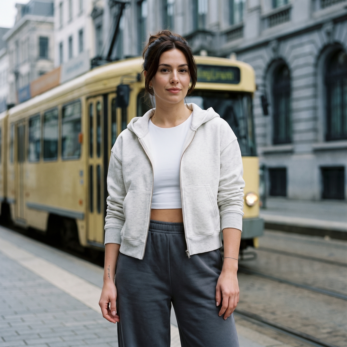 Femme portant le sweat zippé crop top gris clair à un arrêt de tram