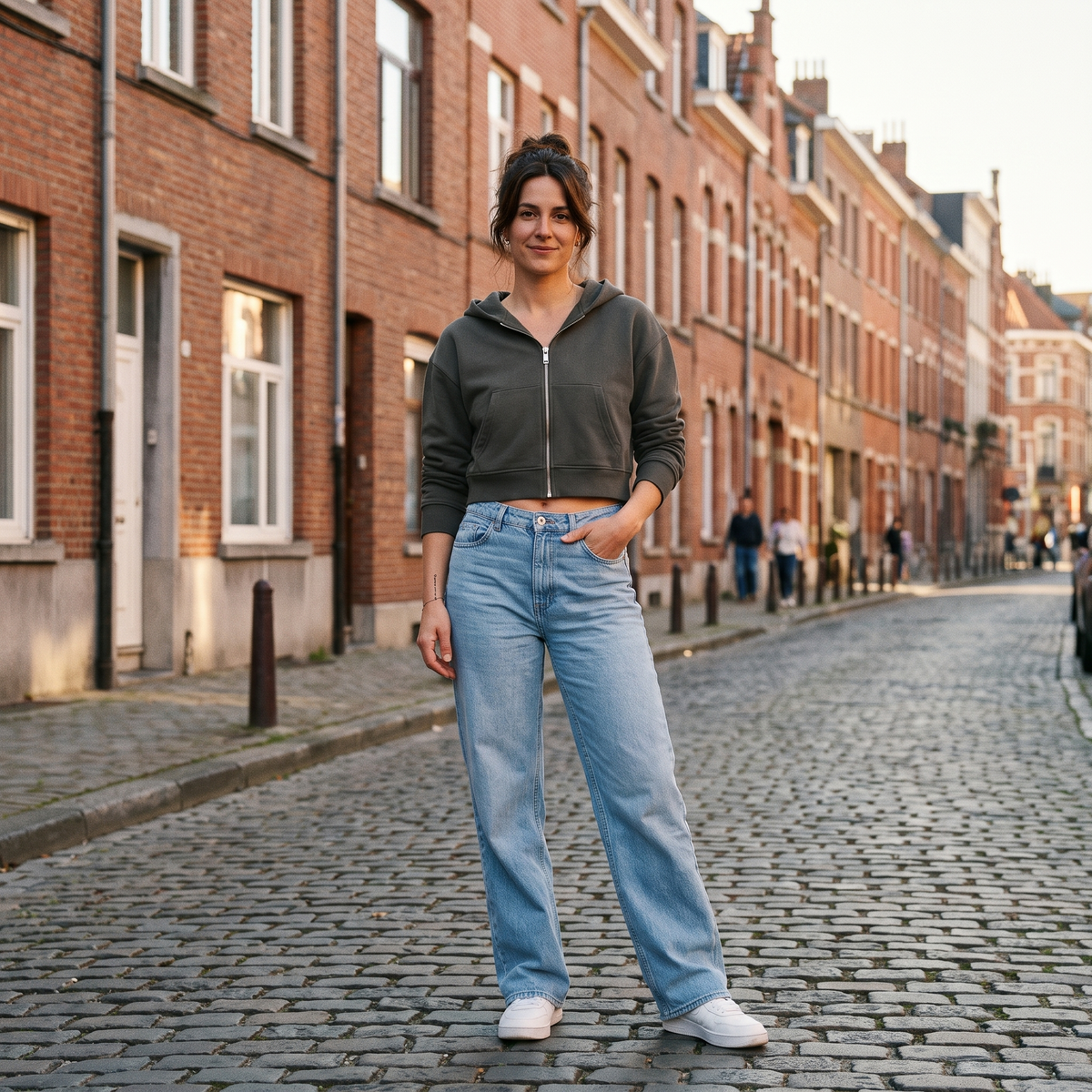 Femme portant le sweat zippé crop top gris foncé avec un jean wide leg dans une rue belge