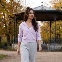 Femme portant le sweat zippé crop top lilas dans un parc en automne