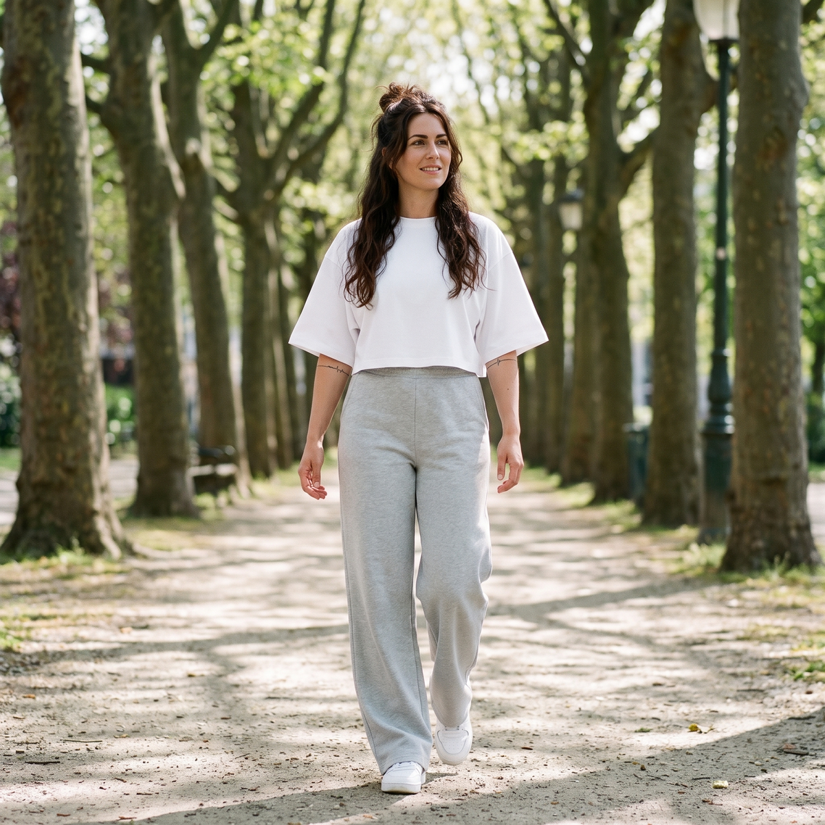 Femme portant le t-shirt manches chauve-souris blanc dans une allée de parc