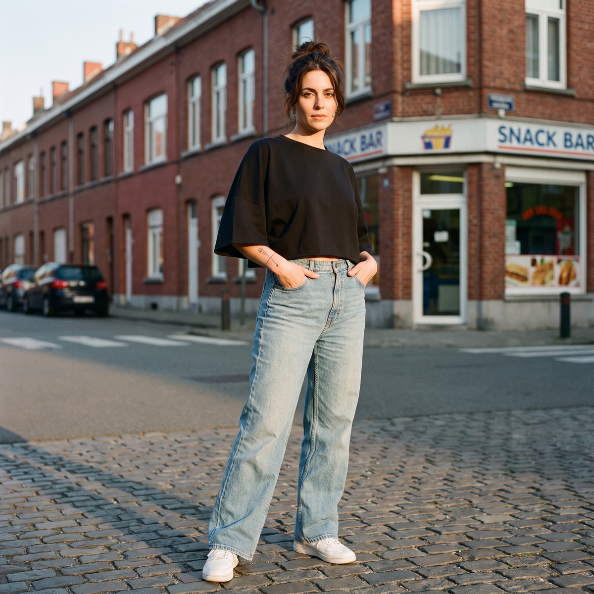 Femme portant le t-shirt manches chauve-souris noir dans une rue belge