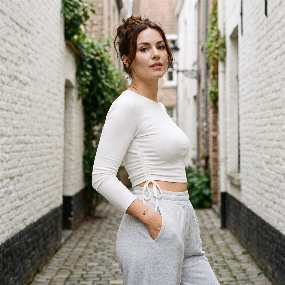 T-shirt femme manches longues crop top original blanc — look streetwear porté en ville en Belgique, CHT'M Boutique
