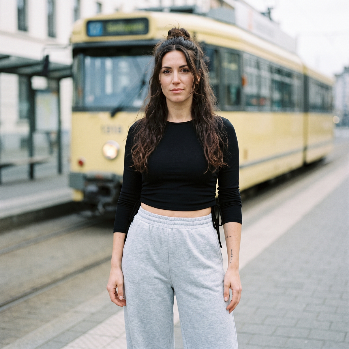 T-shirt femme manches longues crop top original noir — look streetwear porté en ville en Belgique, CHT'M Boutique