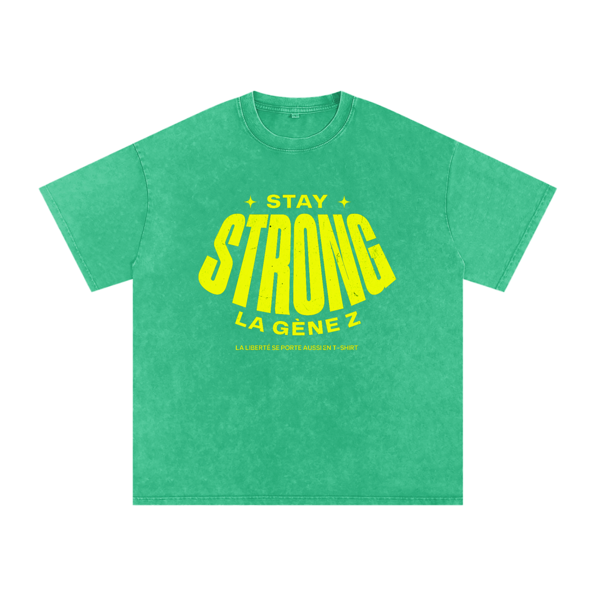 T-shirt Gen Z Stay Strong la Gène Z vert prairie, vue de face – t-shirt manif original CHT'M
