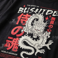 Détail de l'imprimé Bushido - dragon japonais et kanji rouges sur coton noir
