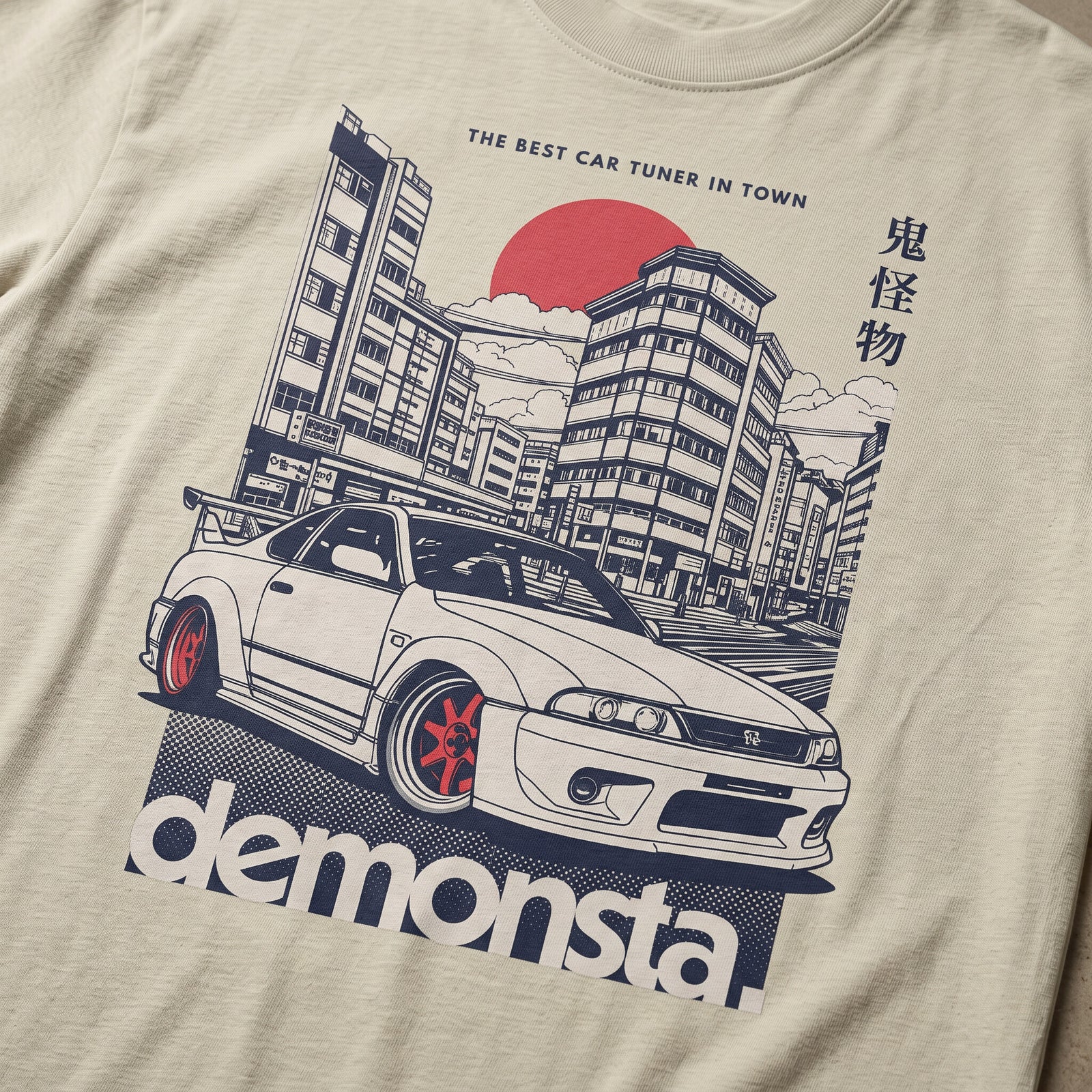 Détail de l'imprimé Demonsta - coupé japonais devant un immeuble de Tokyo