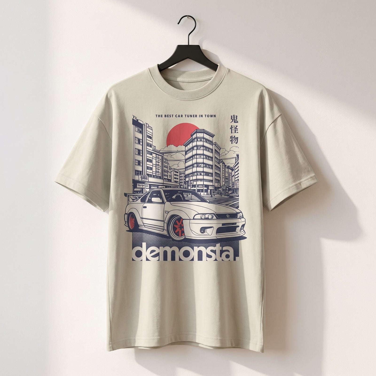 T-shirt oversized enfant Demonsta sable sur cintre - voiture japonaise et soleil levant