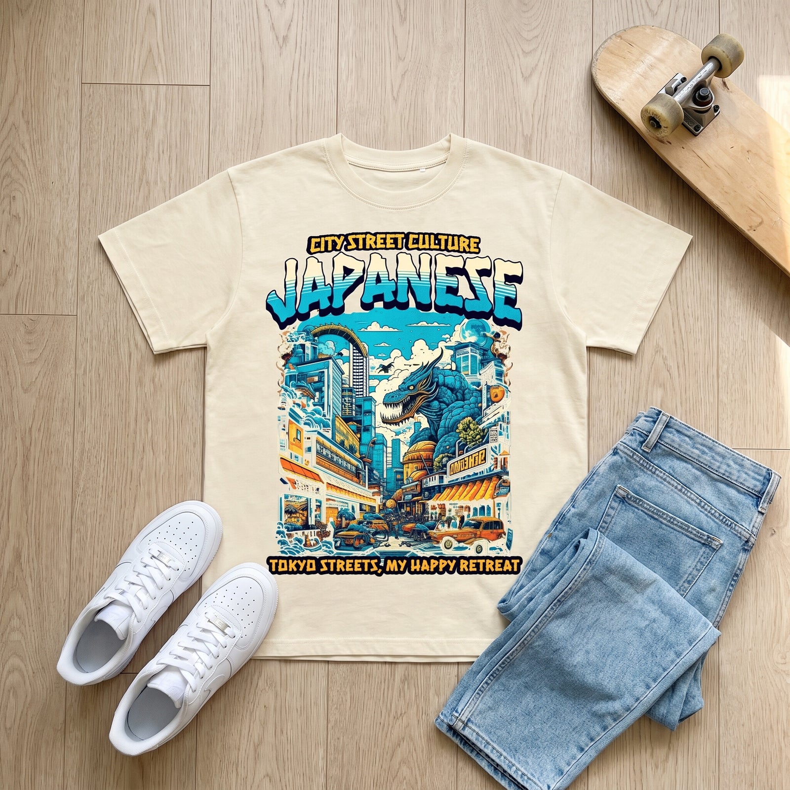 T-shirt oversized enfant Japanese posé à plat avec baskets, jean et skateboard