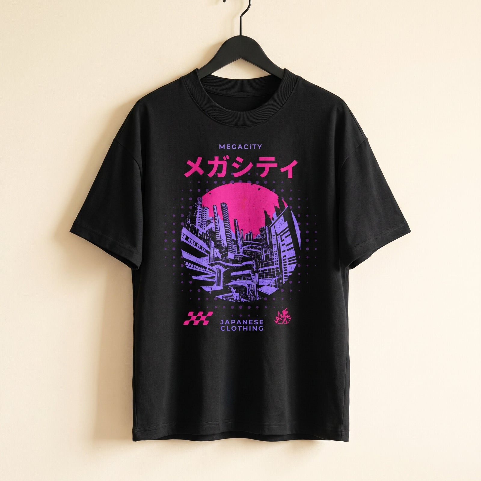 T-shirt oversized enfant Megacity noir sur cintre - skyline japonaise néon