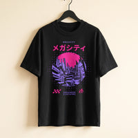 T-shirt oversized enfant Megacity noir sur cintre - skyline japonaise néon