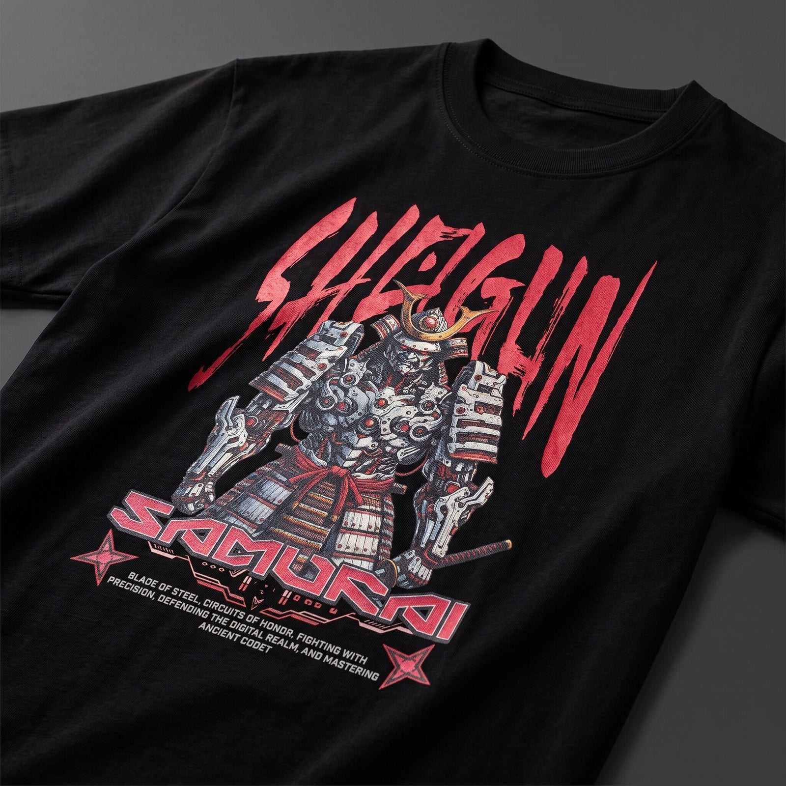 Détail de l'imprimé Shogun - samouraï en armure et lettrage rouge sur coton noir