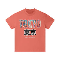 T-shirt oversized enfant rouge corail Tokyo vu de face, coupe loose épaules tombantes