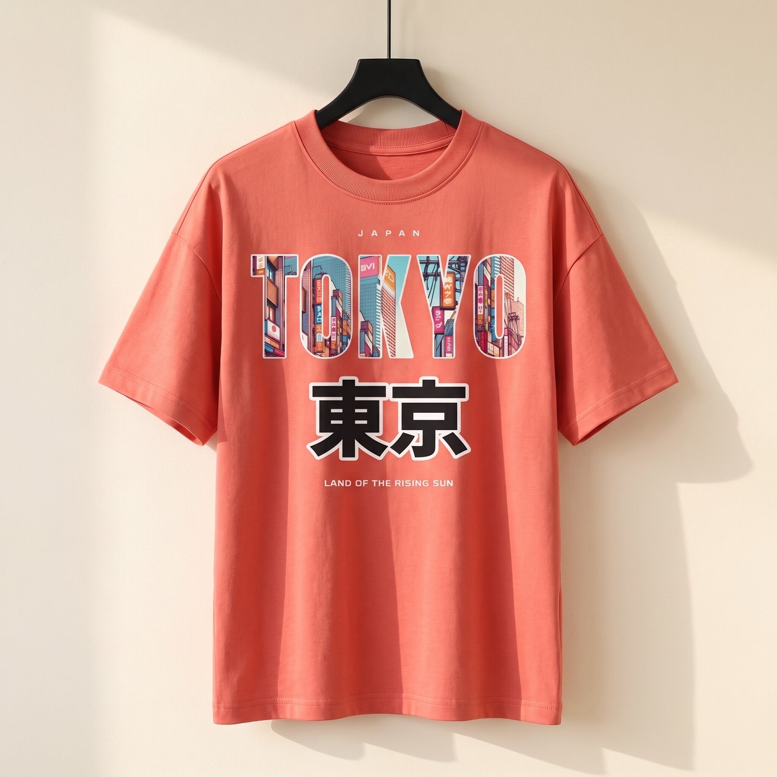 T-shirt oversized enfant rouge corail Tokyo sur cintre, lettrage rempli de néons japonais