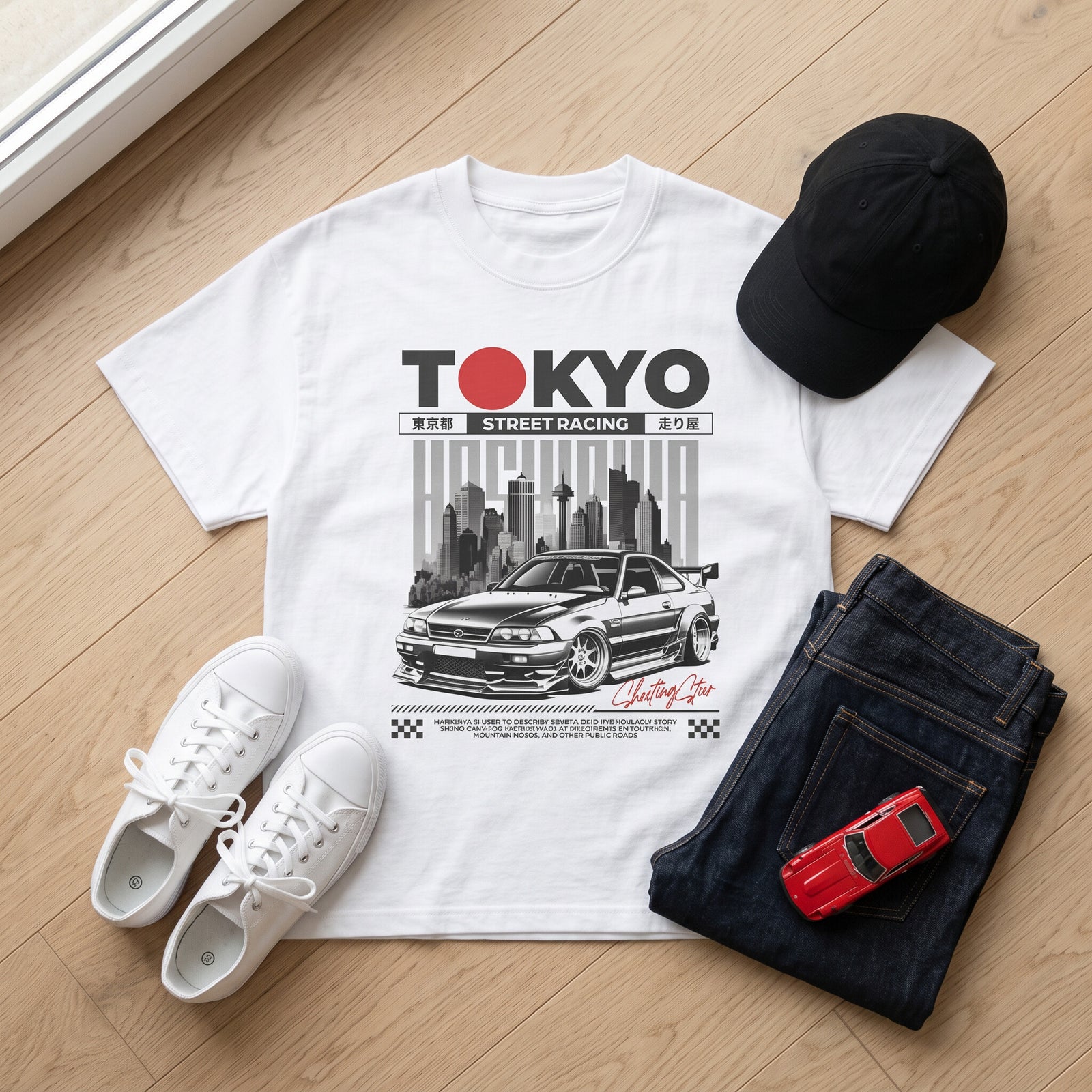 T-shirt enfant oversized Tokyo posé à plat avec baskets, jean et casquette