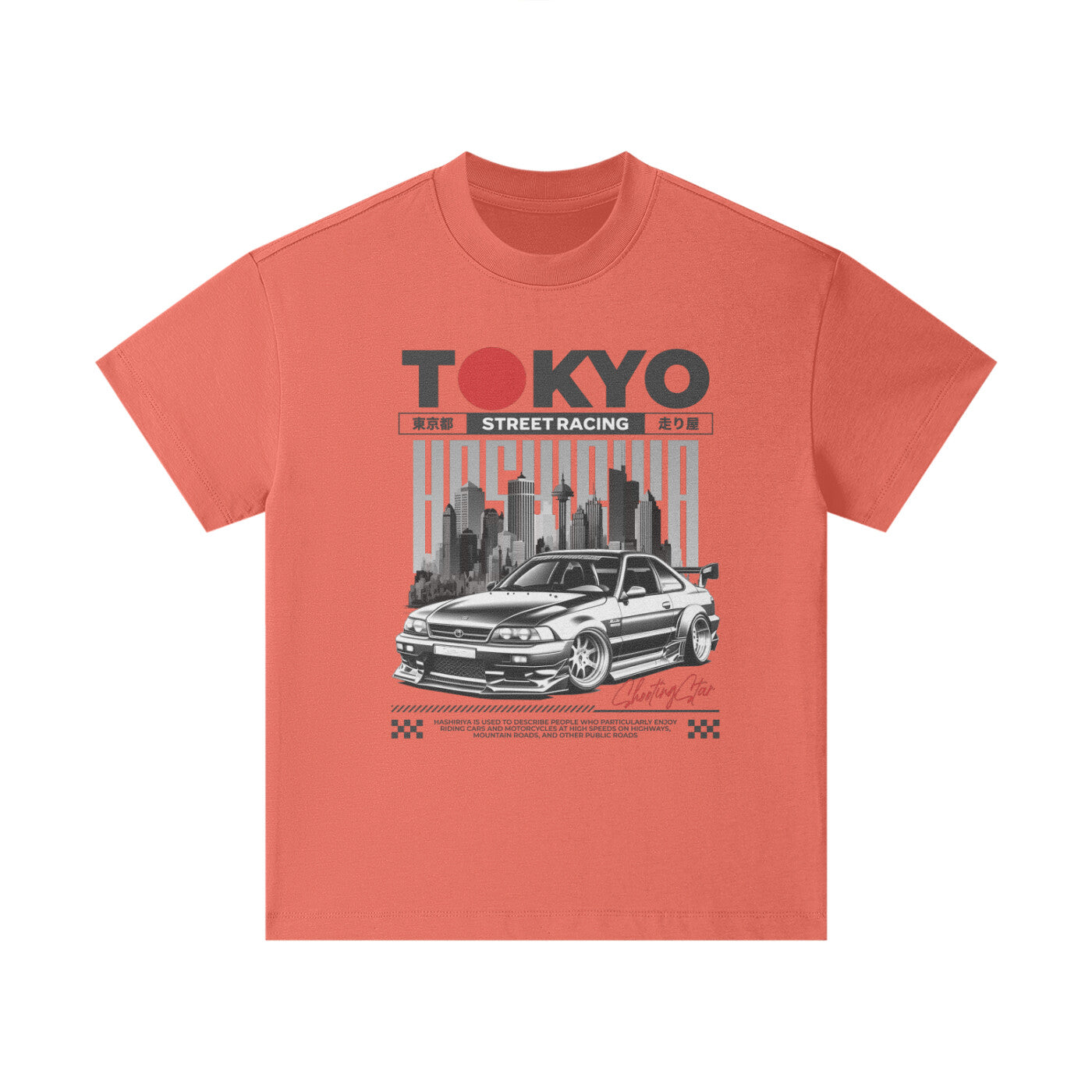 T-shirt oversized enfant rouge corail Tokyo Street Racing vu de face