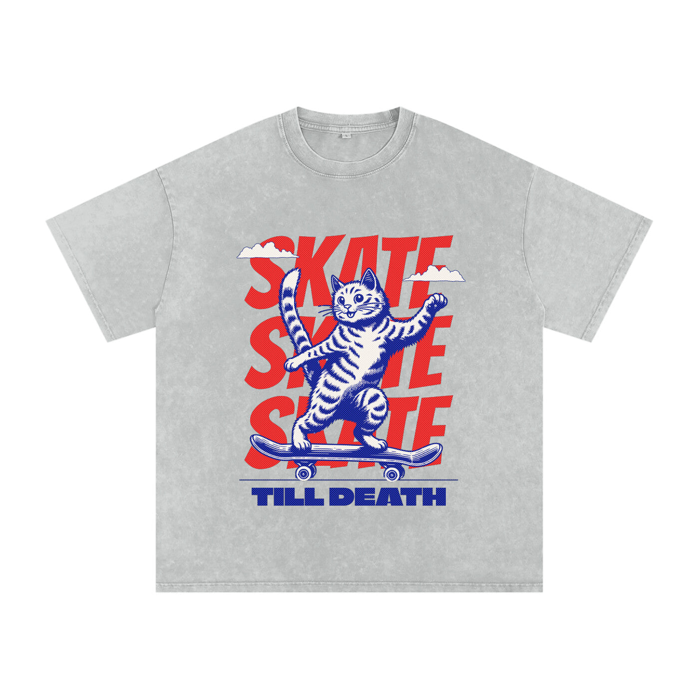 T-shirt oversized gris clair délavé Skate Till Death à plat, imprimé chat skateur de face