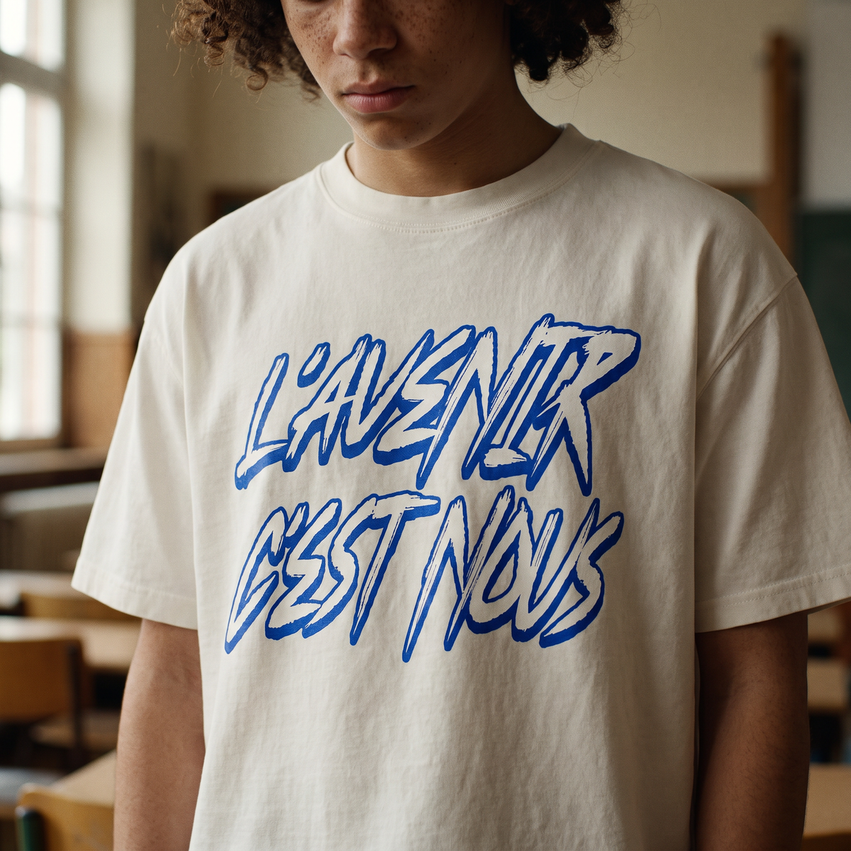 Gros plan du print graffiti bleu « L'avenir c'est nous » sur t-shirt boxy délavé porté – CHT'M Boutique