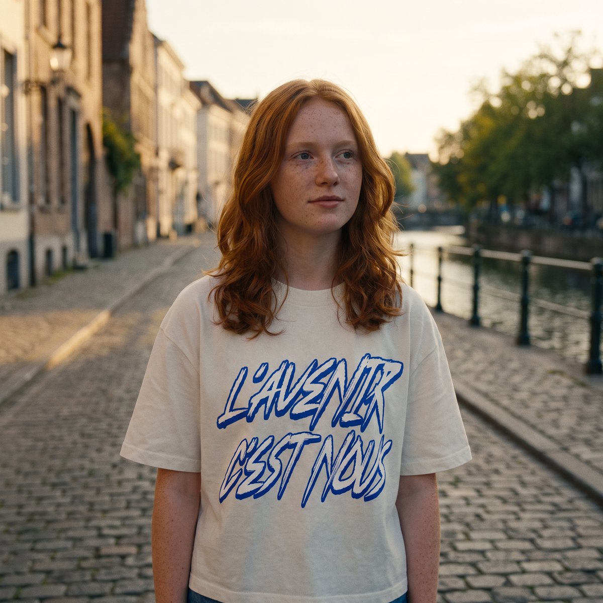 Lycéenne en t-shirt boxy délavé Gen Z blanc cassé « L'avenir c'est nous » au bord d'un canal à Gand – tshirt genz pas cher CHT'M