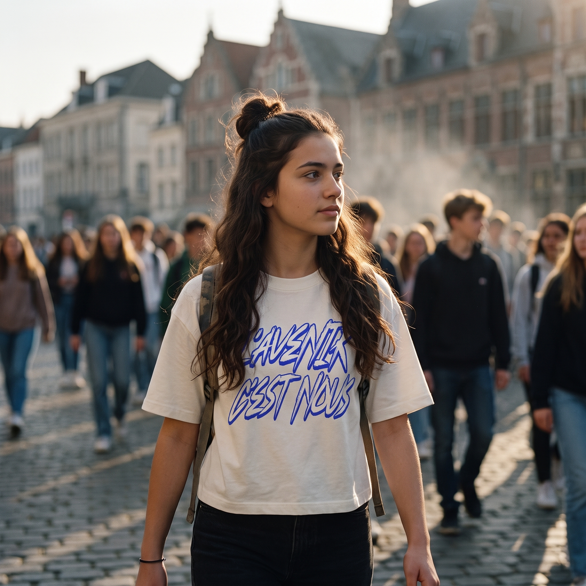 Lycéenne en t-shirt boxy délavé Gen Z blanc cassé « L'avenir c'est nous » dans une marche pacifique de lycéens – t-shirt manif pas cher CHT'M