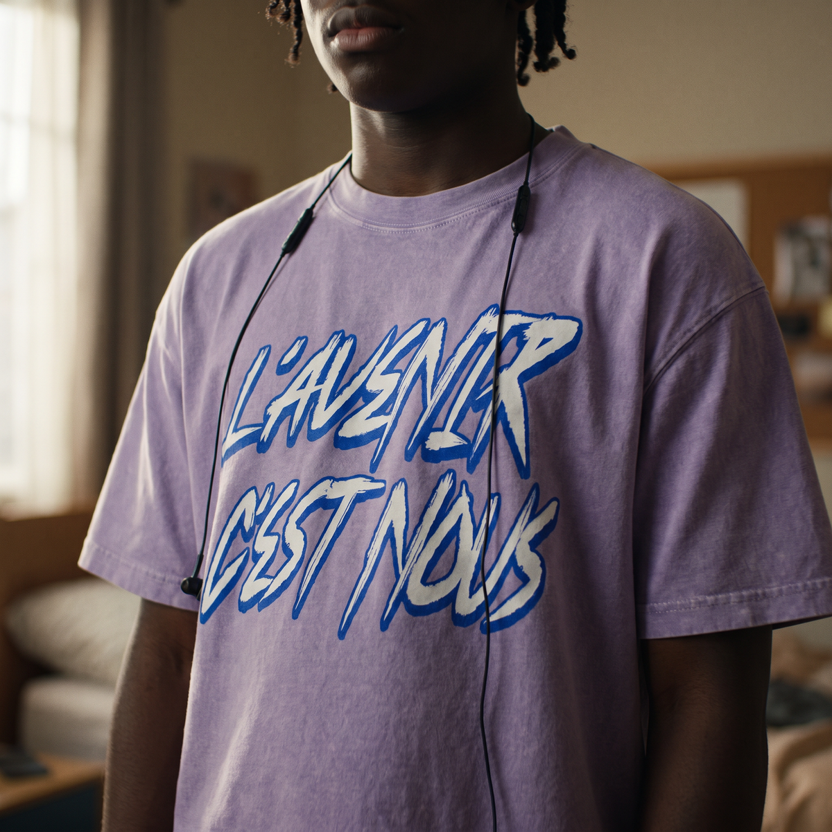 Gros plan du print graffiti bleu « L'avenir c'est nous » sur t-shirt boxy lilas porté – CHT'M Boutique
