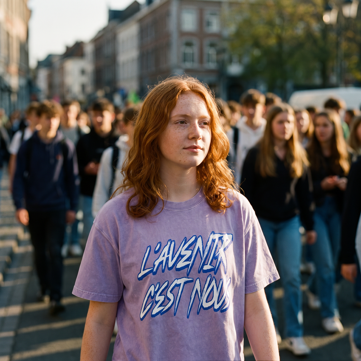 Lycéenne en t-shirt boxy délavé Gen Z lilas « L'avenir c'est nous » dans une marche pacifique de lycéens – t-shirt manif pas cher CHT'M