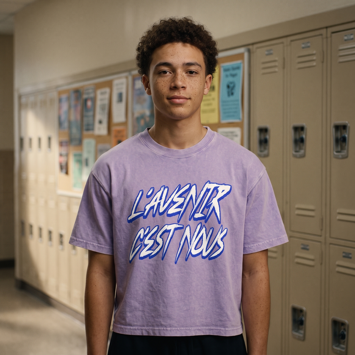 Lycéen portant le t-shirt boxy délavé Gen Z lilas « L'avenir c'est nous » dans un couloir de lycée – tshirt genz pas cher CHT'M