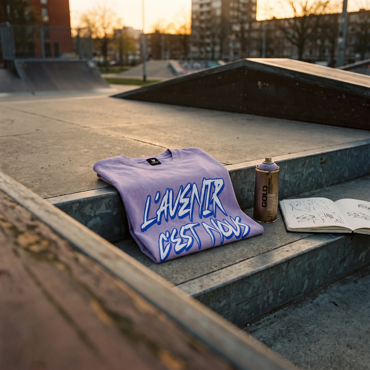 T-shirt boxy délavé Gen Z lilas « L'avenir c'est nous » plié dans un skatepark au coucher du soleil – t-shirt manif pas cher CHT'M