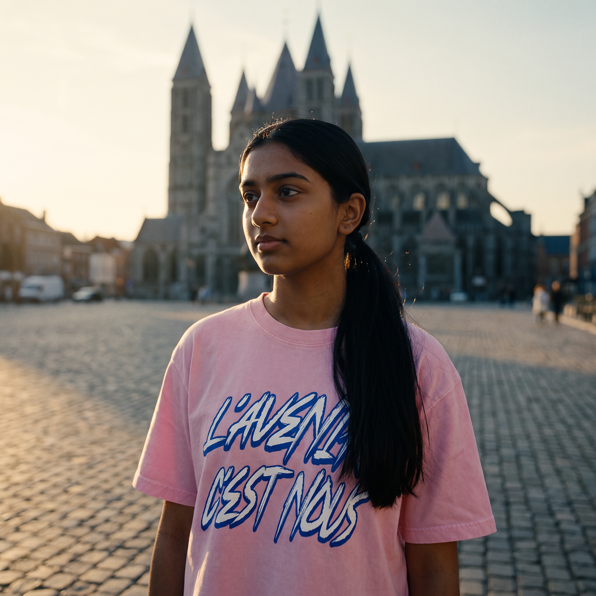 Lycéenne en t-shirt boxy délavé Gen Z rose « L'avenir c'est nous » devant la cathédrale de Tournai – tshirt genz pas cher CHT'M