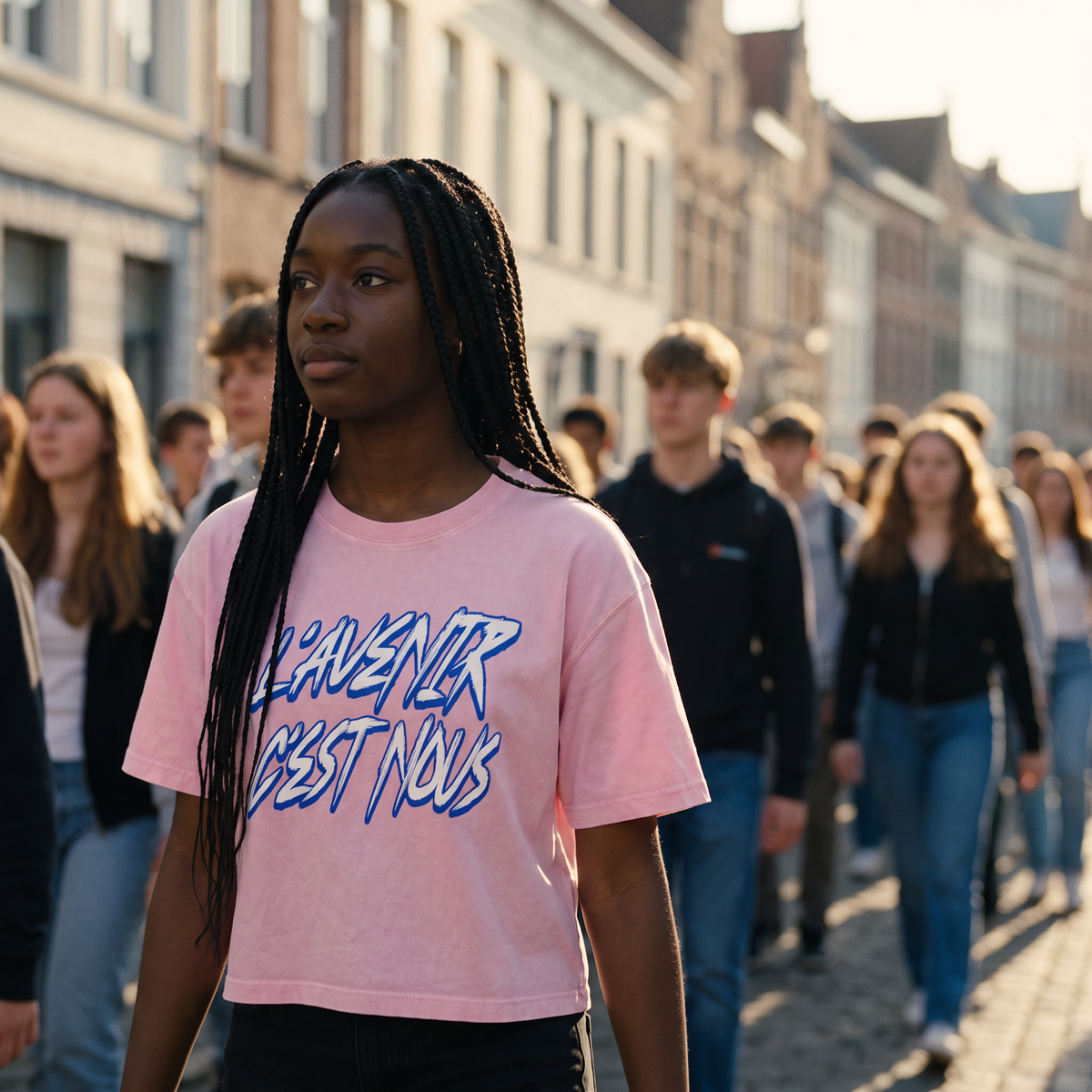 Lycéenne en t-shirt boxy délavé Gen Z rose « L'avenir c'est nous » dans une marche pacifique de lycéens – t-shirt manif pas cher CHT'M