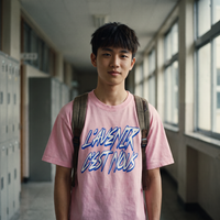 Lycéen portant le t-shirt boxy délavé Gen Z rose « L'avenir c'est nous » dans un couloir de lycée – tshirt genz pas cher CHT'M