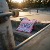 T-shirt boxy délavé Gen Z rose « L'avenir c'est nous » plié dans un skatepark au coucher du soleil – t-shirt manif pas cher CHT'M