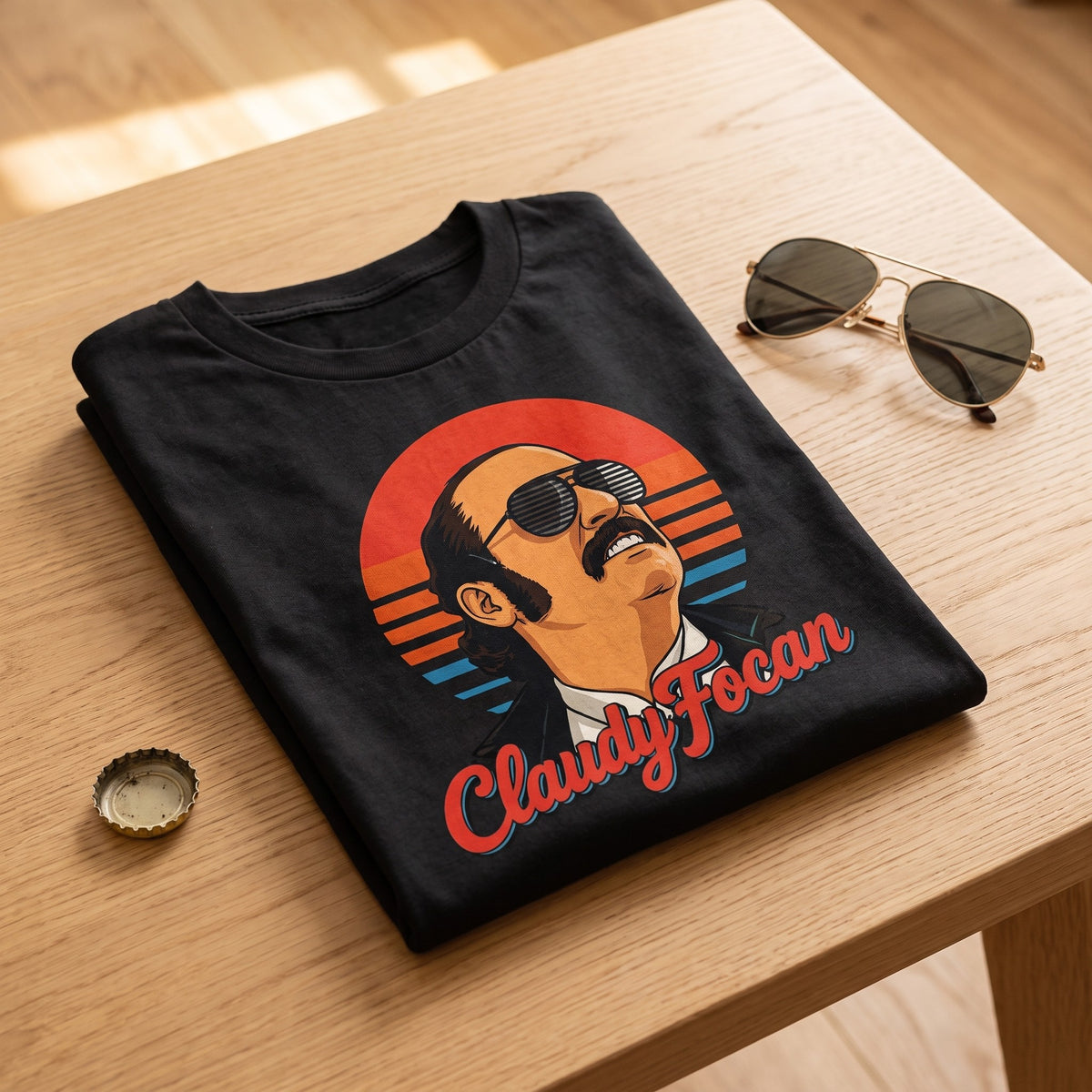 T-shirt Claudy Focan noir en situation lifestyle avec accessoires