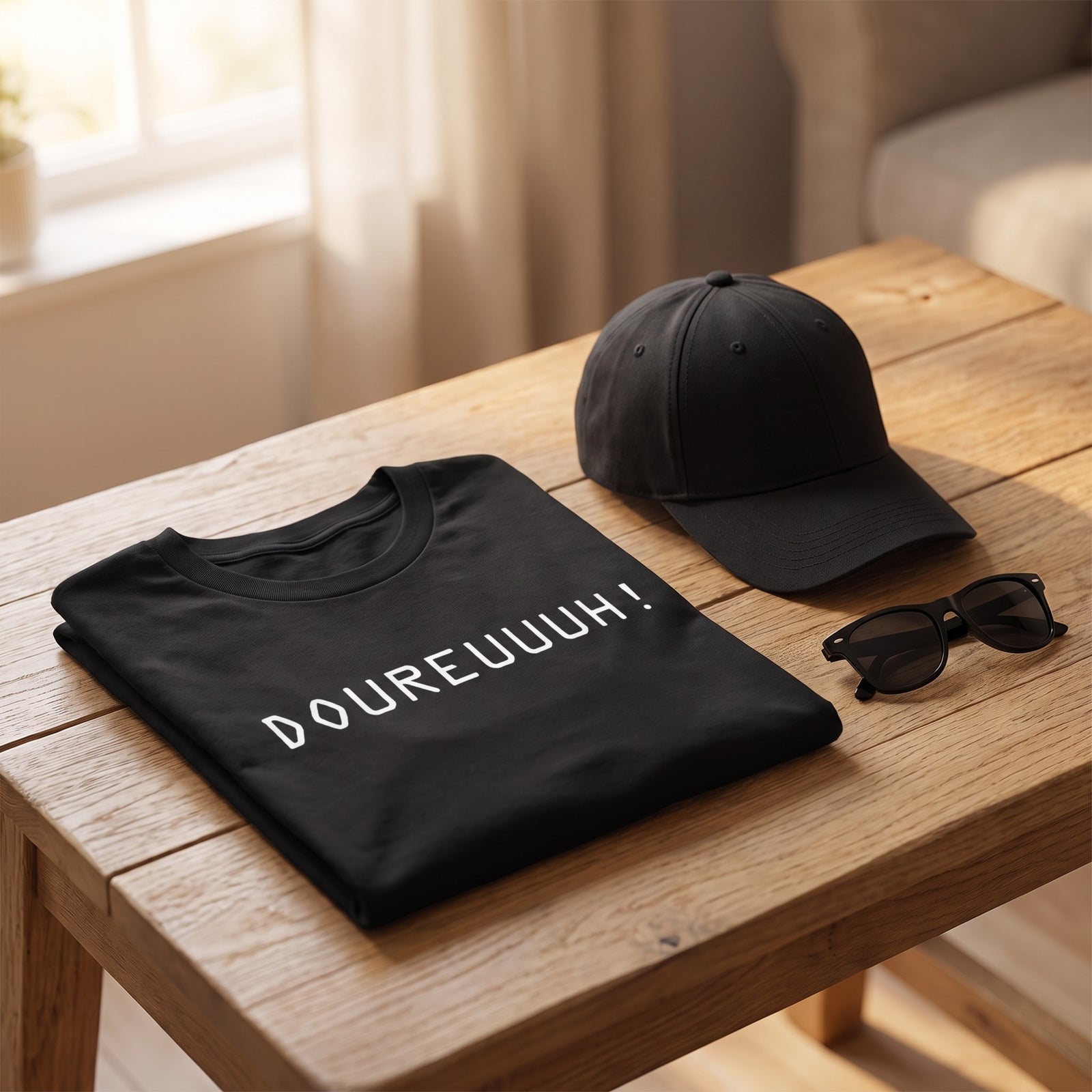 T-shirt Doureuuuh plié avec casquette et lunettes de soleil, ambiance streetwear