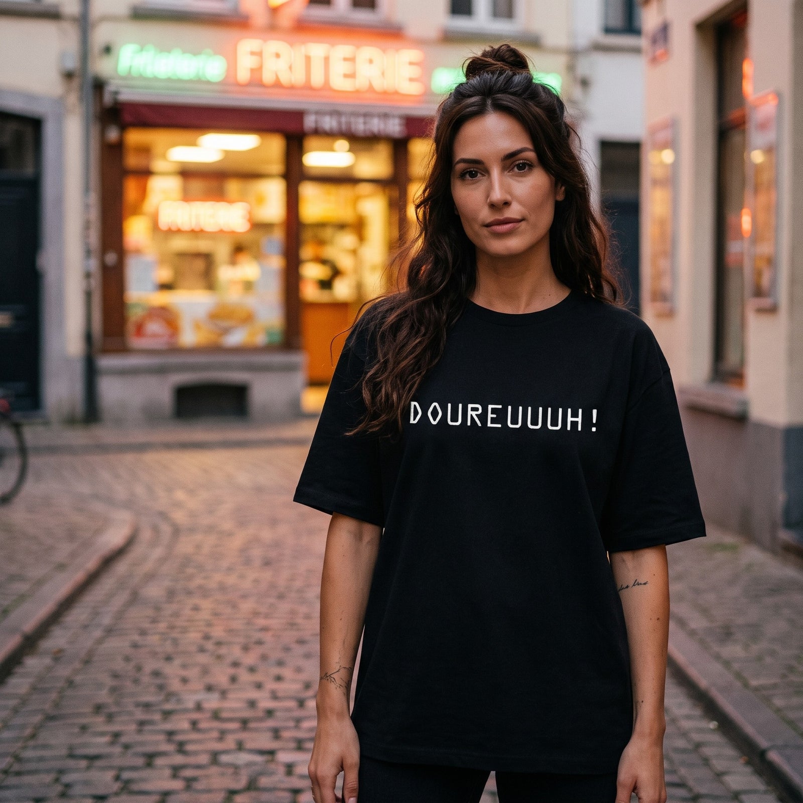 T-shirt humour belge Doureuuuh porté par une femme devant une friterie