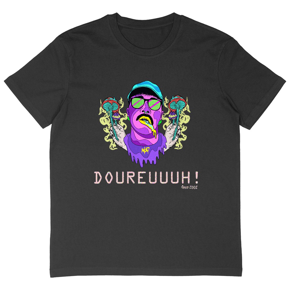 T-shirt Dour Festival noir à plat, design psychédélique DOUREUUUH ! Since 2001 en entier