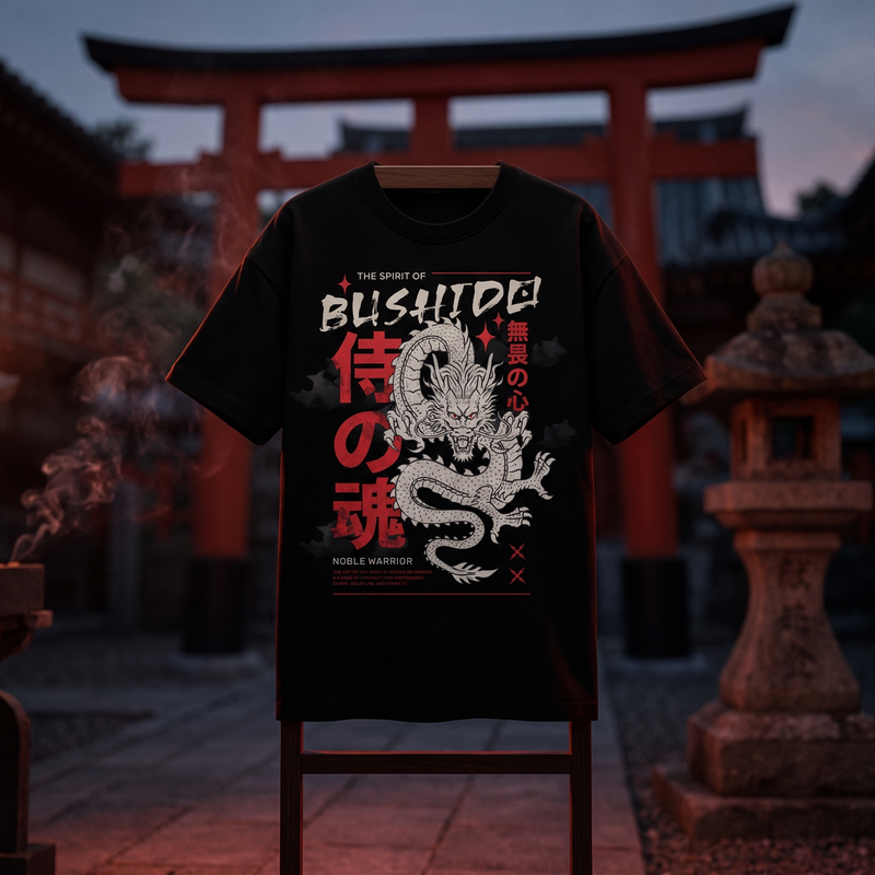 T-shirt oversized enfant Bushido noir posé sur un support en bois, cour d'un temple japonais avec torii rouge et lanterne en pierre
