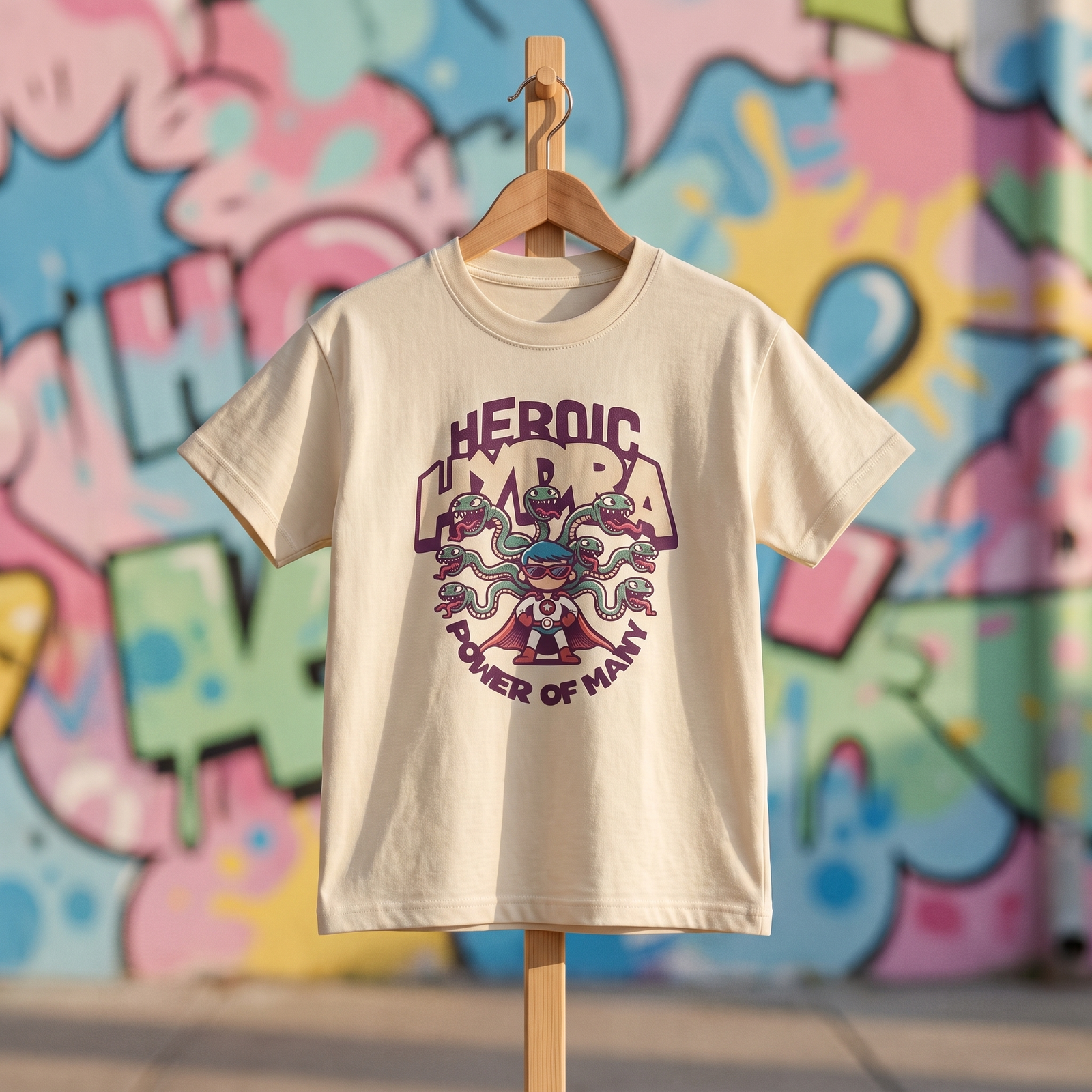 T-shirt enfant oversized Heroic Hydra beige, imprimé super-héros et hydre à sept têtes, présenté sur support devant une fresque murale colorée