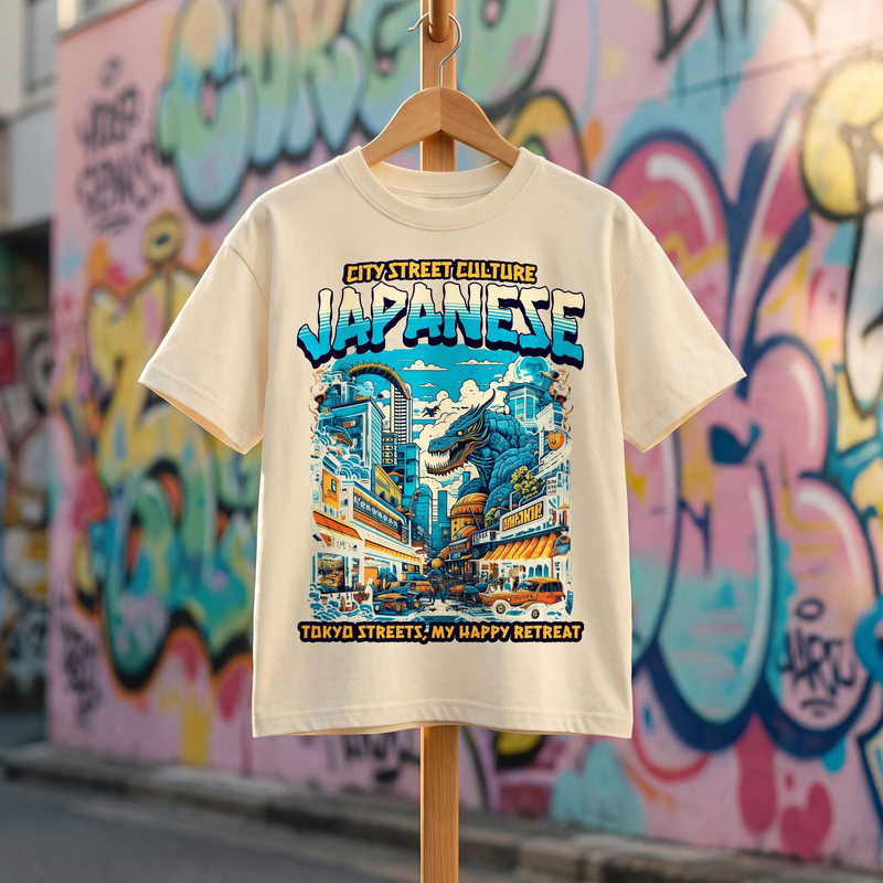T-shirt oversized enfant Japanese beige, imprimé street art Tokyo, présenté sur cintre dans une ruelle graffée pastel