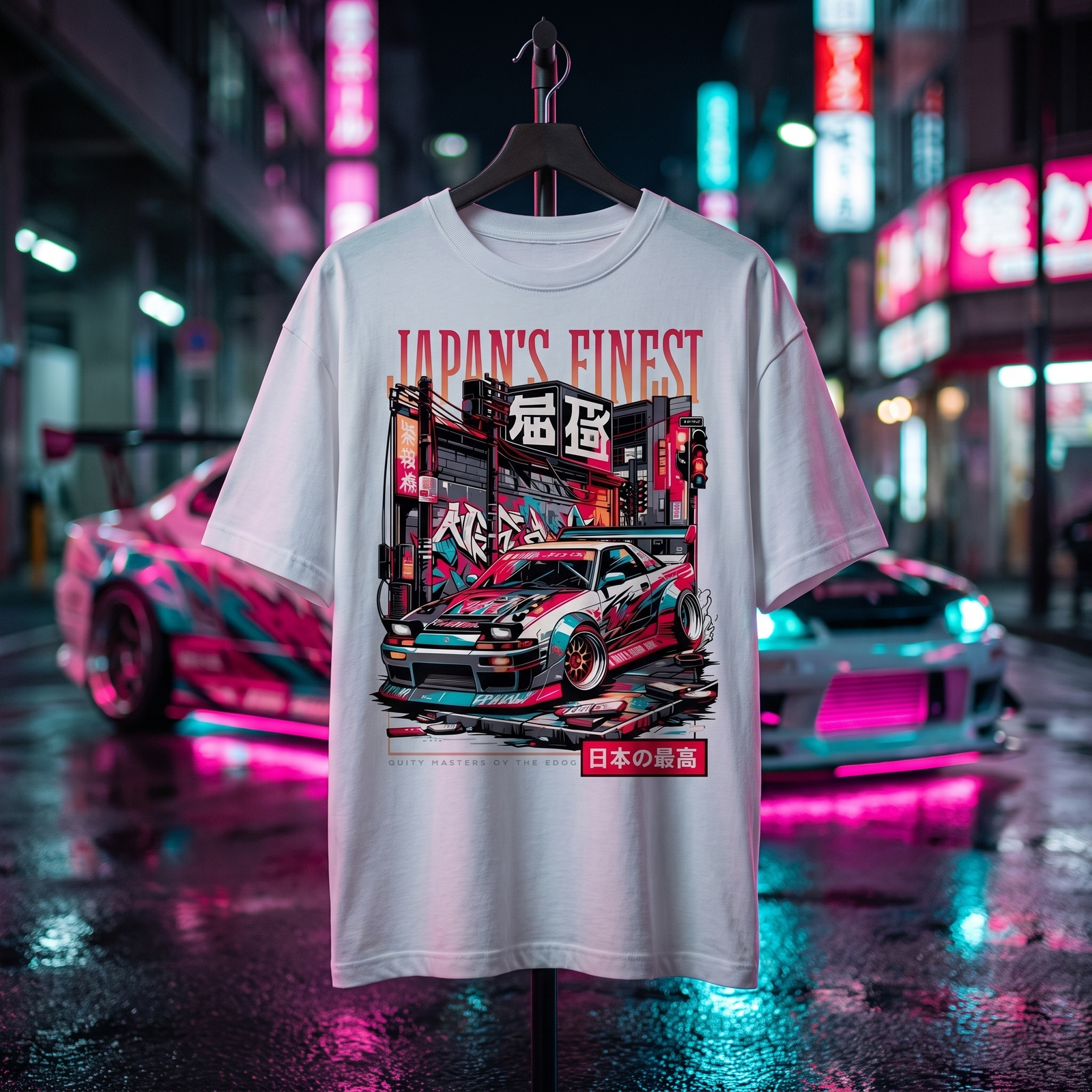 T-shirt oversized enfant Japan's Finest blanc posé sur un cintre, ruelle néon de Tokyo avec voitures JDM en arrière-plan