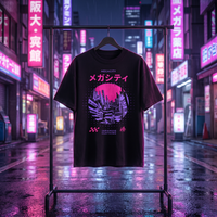 T-shirt oversized enfant Megacity noir posé sur un cintre, ruelle néon rose et violette de nuit dans un décor japonais futuriste