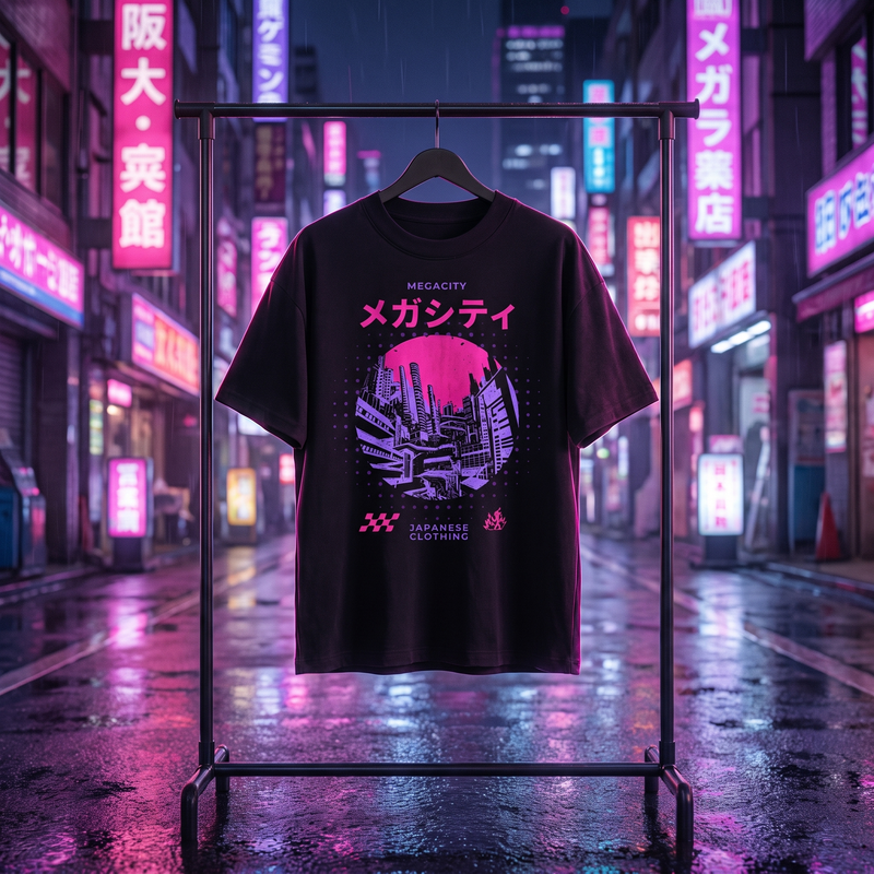 T-shirt oversized enfant Megacity noir posé sur un cintre, ruelle néon rose et violette de nuit dans un décor japonais futuriste