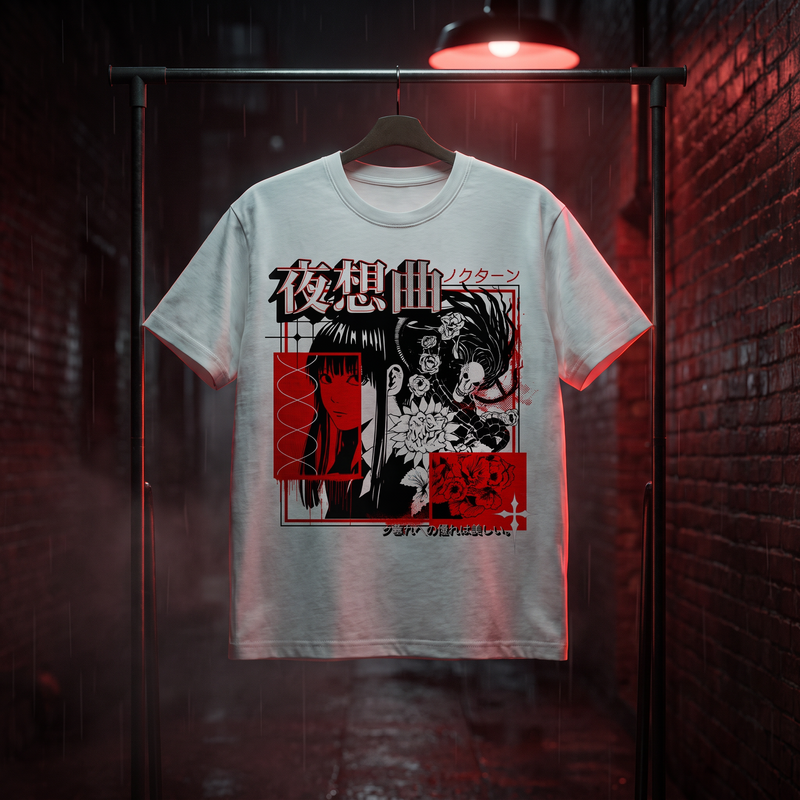 T-shirt oversized enfant Nocturne blanc posé sur un cintre, ruelle sombre éclairée en rouge sous la pluie