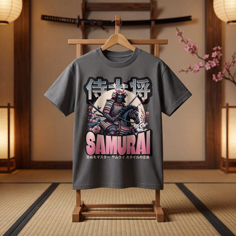 T-shirt oversized enfant Samouraï gris posé sur un support en bois, décor dojo japonais avec katana et branche de cerisier